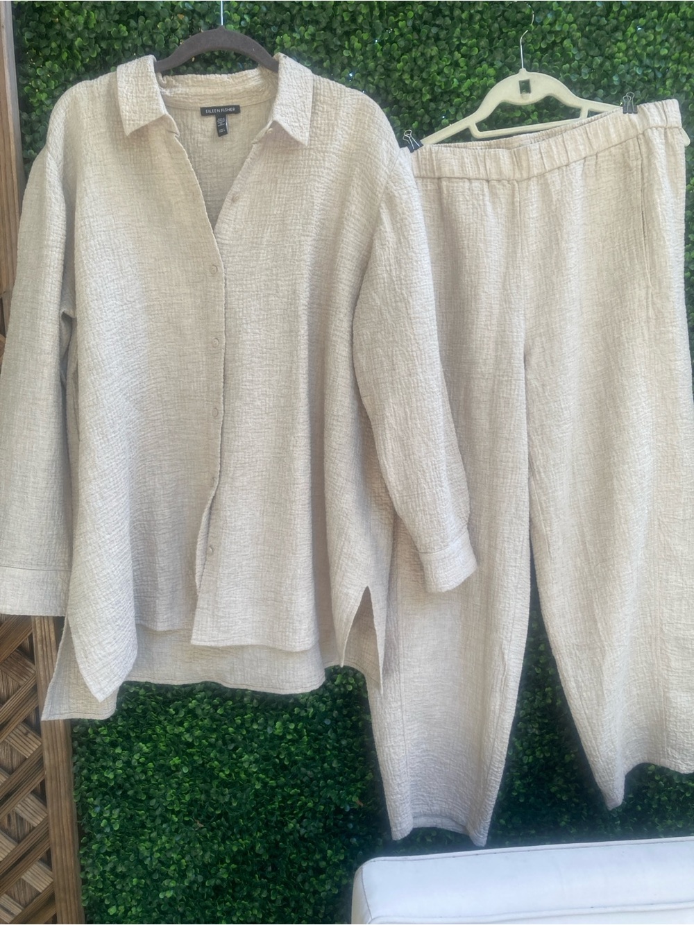 Eileen Fisher Organic Cotton lounge 2pc set Textured oat rt $400
top shirt pants